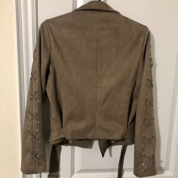 Beige Faux Suede Biker Jacket - Picture 9 of 12